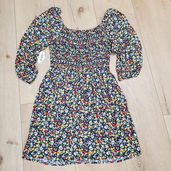 NWT AUW Womens Dress Size M Floral Blue Smocked Puff Sleeve Cottage Ballet Mini - Picture 2 of 14